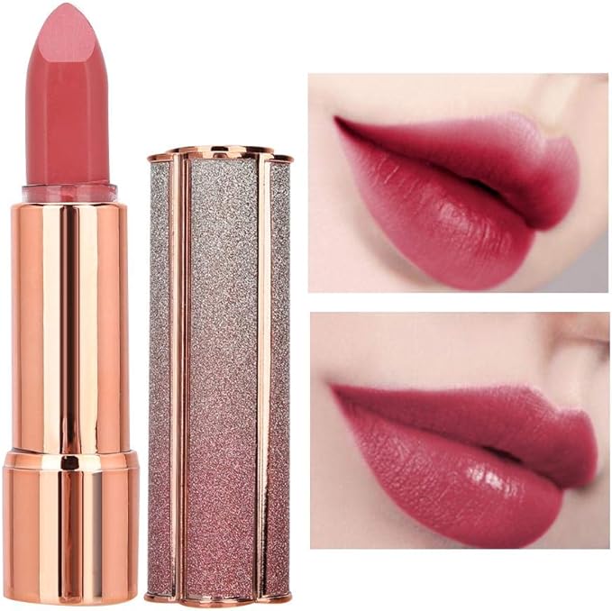 Moisturizing Lipstick, Push Type Cosmetics Lipstick, Smooth Lipstick Waterproof Lip Balm Makeup Lip stick, Gradient Round Tube Lipstick (02# Rose Bean Paste Red)